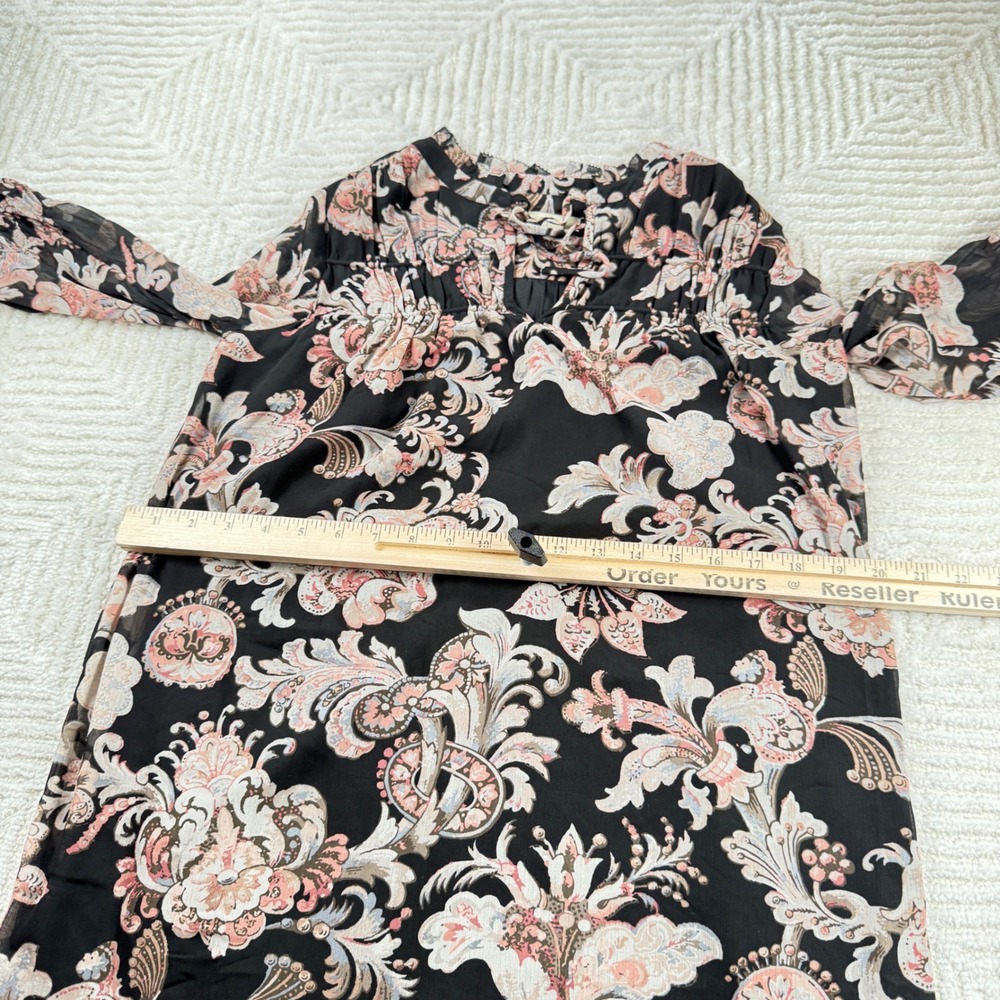 LOFT Dress Petite XXS Black Pink Floral Print Boho Sheer Sleeve Mini Brunch Date - Picture 6 of 12